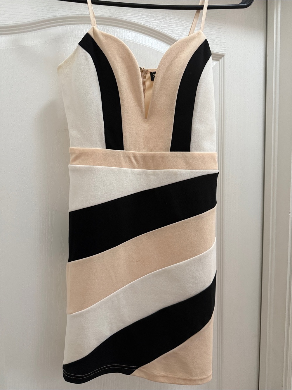 Colorblock Strappy Mini Dress in Beige, Black & White
